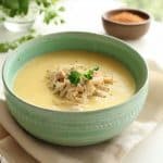 sopa cremosa de mandioca com peito de frango desfiado e salsa salpicada